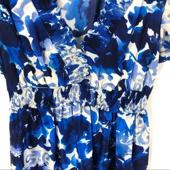 Adrianna Papell Silk Cotton Floral Dress Smocked Waist Fit Flare Blue Size 8 - Picture 3 of 9